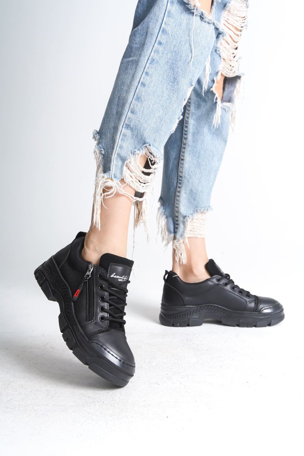 AGATHA Bağcıklı Fermuarlı Ortopedik Taban Kadın Sneaker Spor Ayakkabı CST - Siyah