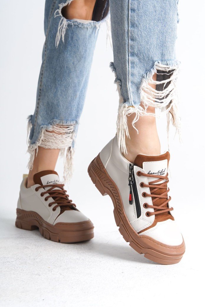 AGATHA Bağcıklı Fermuarlı Ortopedik Taban Kadın Sneaker Spor Ayakkabı  CTT - Krem