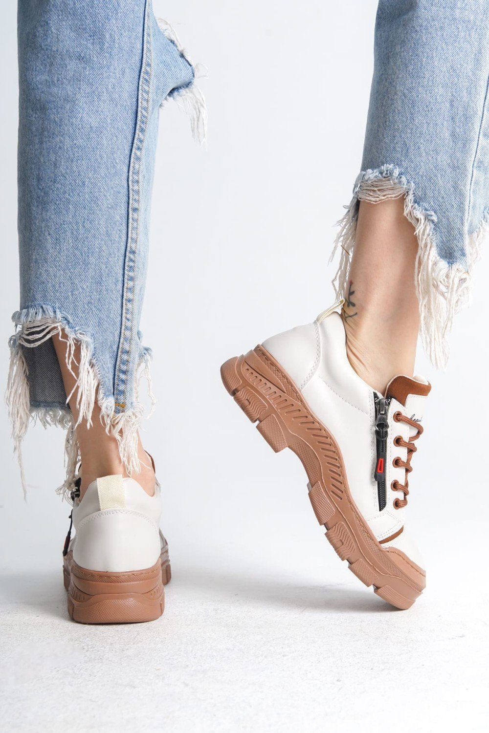 AGATHA Bağcıklı Fermuarlı Ortopedik Taban Kadın Sneaker Spor Ayakkabı  CTT - Krem