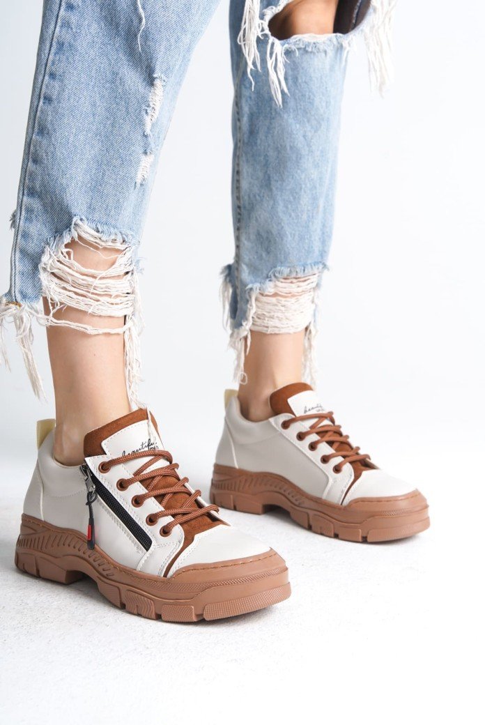 AGATHA Bağcıklı Fermuarlı Ortopedik Taban Kadın Sneaker Spor Ayakkabı  CTT - Krem