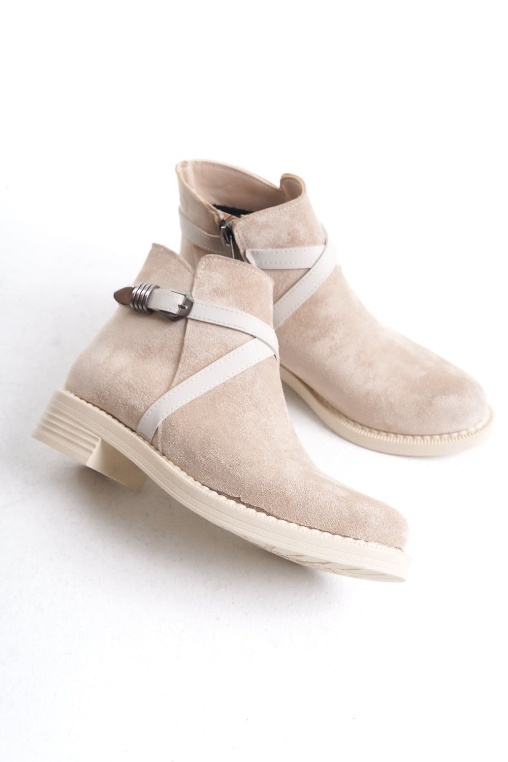 ALMILA Fermuarlı Lastikli Ortopedik Taban Topuklu Süet Kadın Bot  STT - Ten