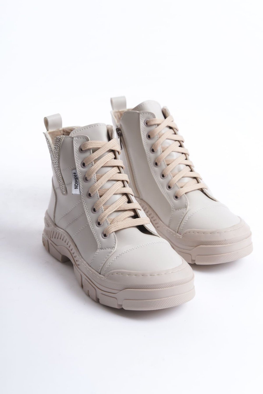 AMBER Bağcıklı Fermuarlı Ortopedik Taban Kadın Bot  CKT - Krem