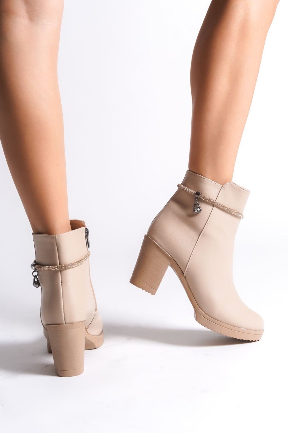 ARIA Fermuarlı Ortopedik Taban Taşlı Topuklu Kadın Bot CTT - Ten