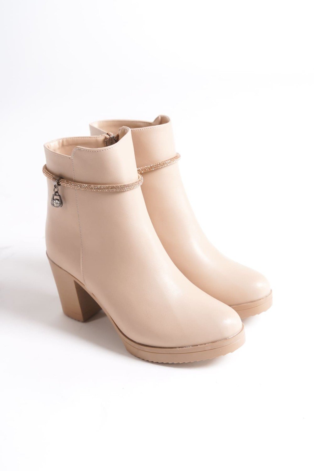 ARIA Fermuarlı Ortopedik Taban Taşlı Topuklu Kadın Bot CTT - Ten
