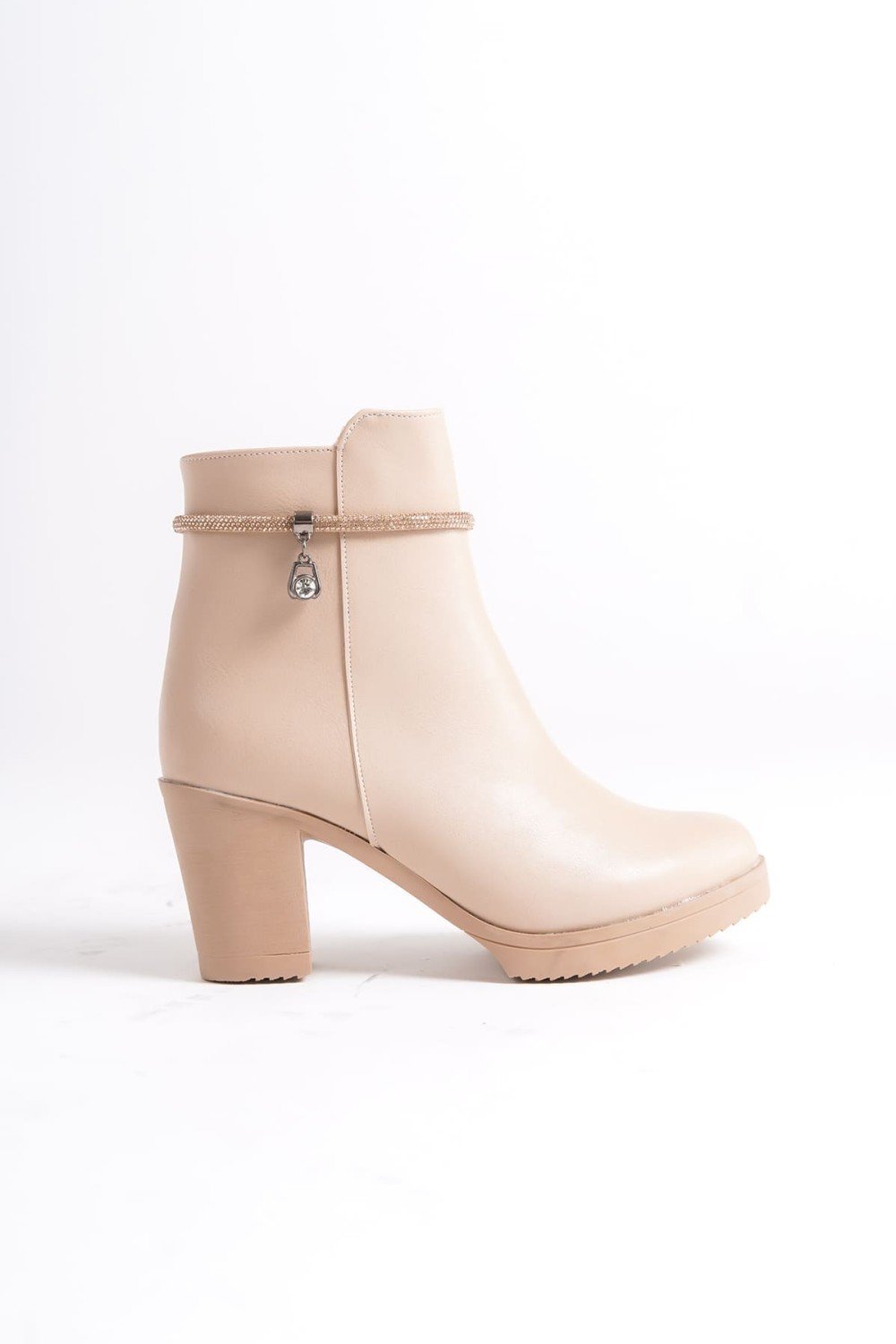 ARIA Fermuarlı Ortopedik Taban Taşlı Topuklu Kadın Bot CTT - Ten