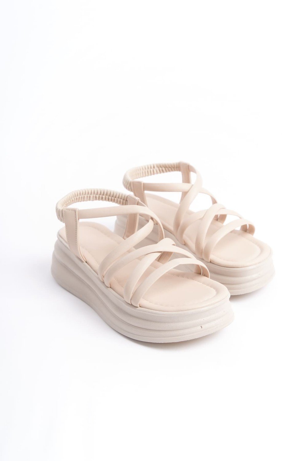 BELLA Lastikli Şerit Detaylı Ortopedik Taban Kadın Sandalet CKT - Krem