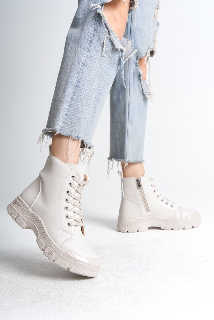 BLOOM Bağcıklı Fermuarlı Ortopedik Taban Kadın Bot  CKT - Krem