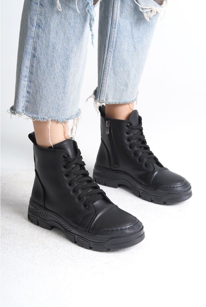 BLOOM Bağcıklı Fermuarlı Ortopedik Taban Kadın Bot CST - Siyah