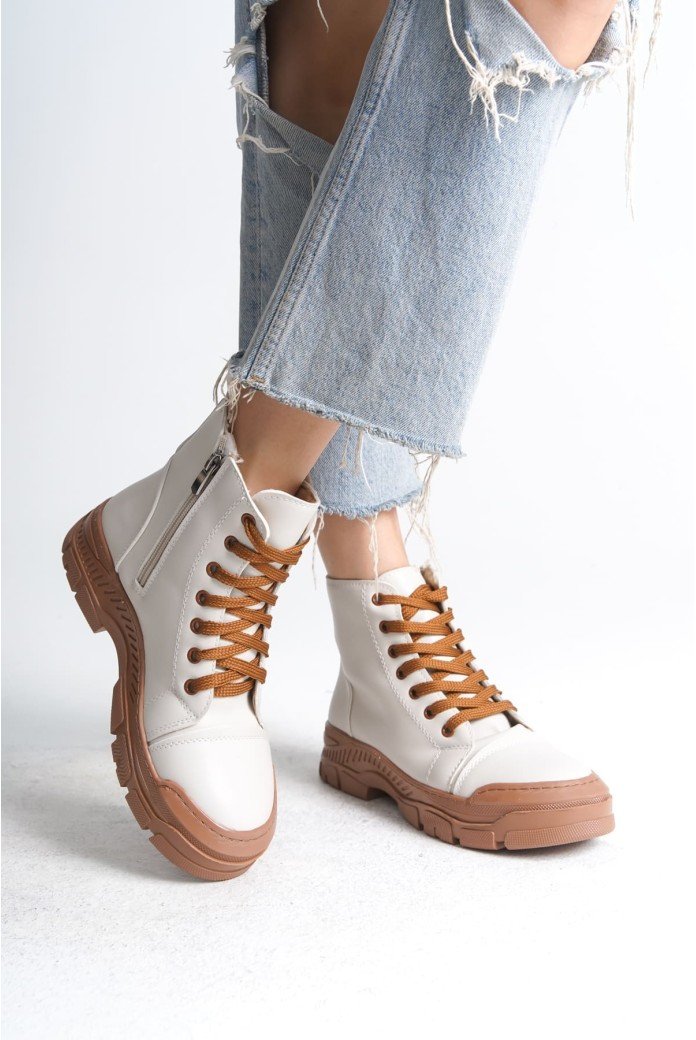 BLOOM Bağcıklı Fermuarlı Ortopedik Taban Kadın Bot  CTT - Krem