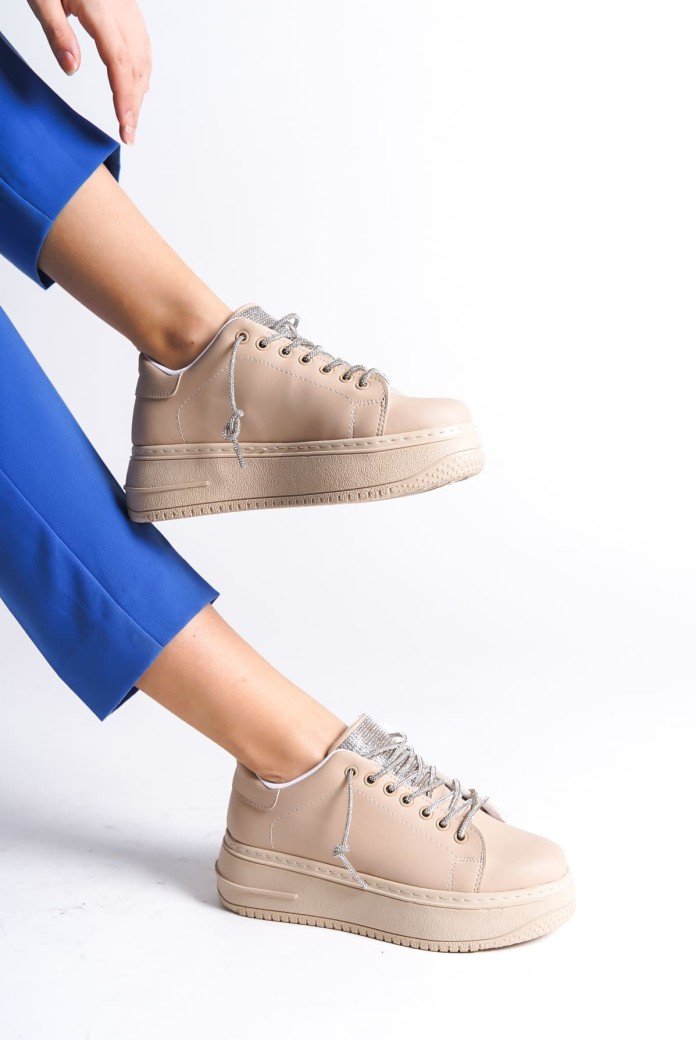 DELLA Bağcıklı Ortopedik Taban Taşlı Kadın Sneaker Spor Ayakkabı CTT - Ten