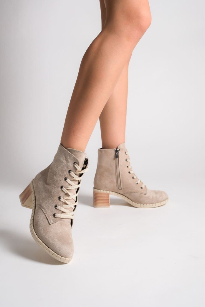 DIANA Bağcıklı Fermuarlı Ortopedik Taban Topuklu Süet Kadın Bot STT - Ten