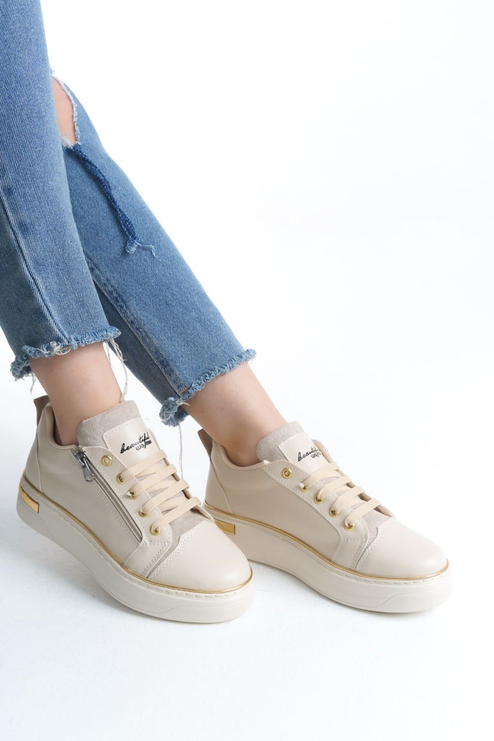 DINA Bağcıklı Fermuarlı Ortopedik Taban Kadın Sneaker Spor Ayakkabı CKT - Krem/Altın DINA Bağcıklı Fermuarlı Ortopedik Taban Kadın Sneaker Spor Ayakkabı CKT - Krem/Altın