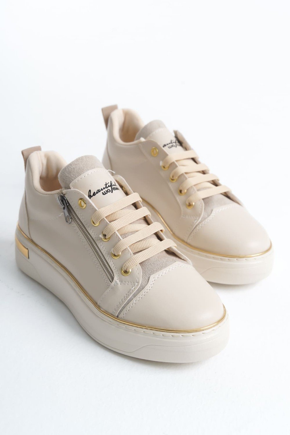 DINA Bağcıklı Fermuarlı Ortopedik Taban Kadın Sneaker Spor Ayakkabı CKT - Krem/Altın DINA Bağcıklı Fermuarlı Ortopedik Taban Kadın Sneaker Spor Ayakkabı CKT - Krem/Altın