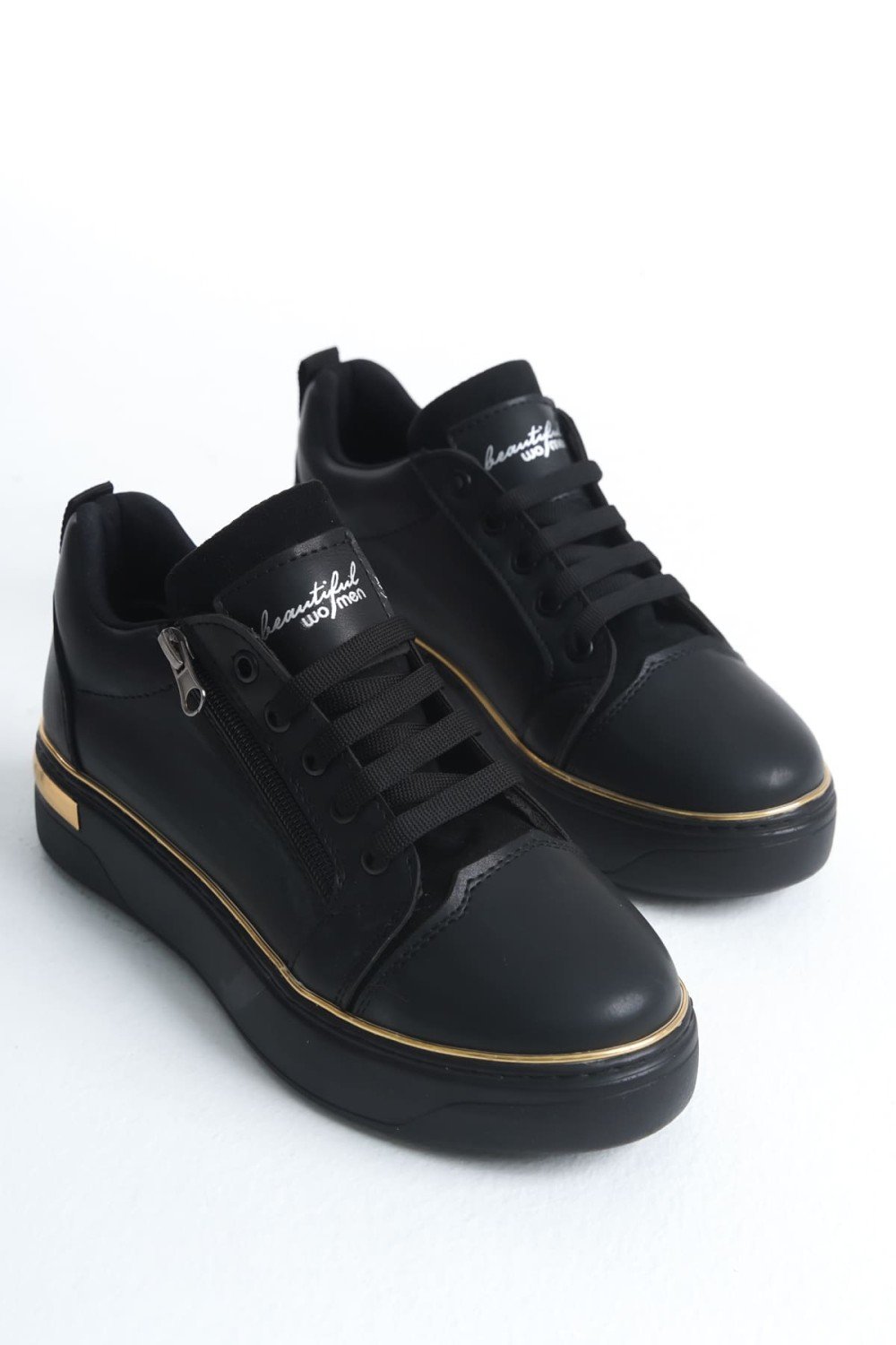 DINA Bağcıklı Fermuarlı Ortopedik Taban Kadın Sneaker Spor Ayakkabı CST - Siyah/Altın DINA Bağcıklı Fermuarlı Ortopedik Taban Kadın Sneaker Spor Ayakkabı CST - Siyah/Altın