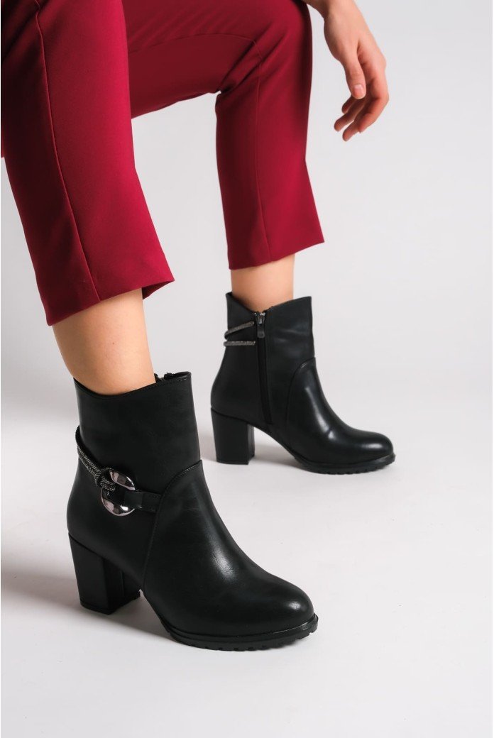 EDNA Fermuarlı Ortopedik Taban Taşlı Topuklu Kadın Bot CST - Siyah