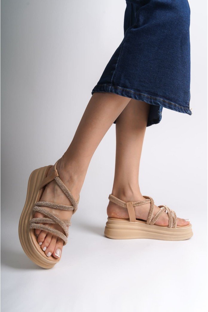 ELENA Lastikli Taşlı Şeritli Ortopedik Taban Kadın Sandalet CTT - Ten