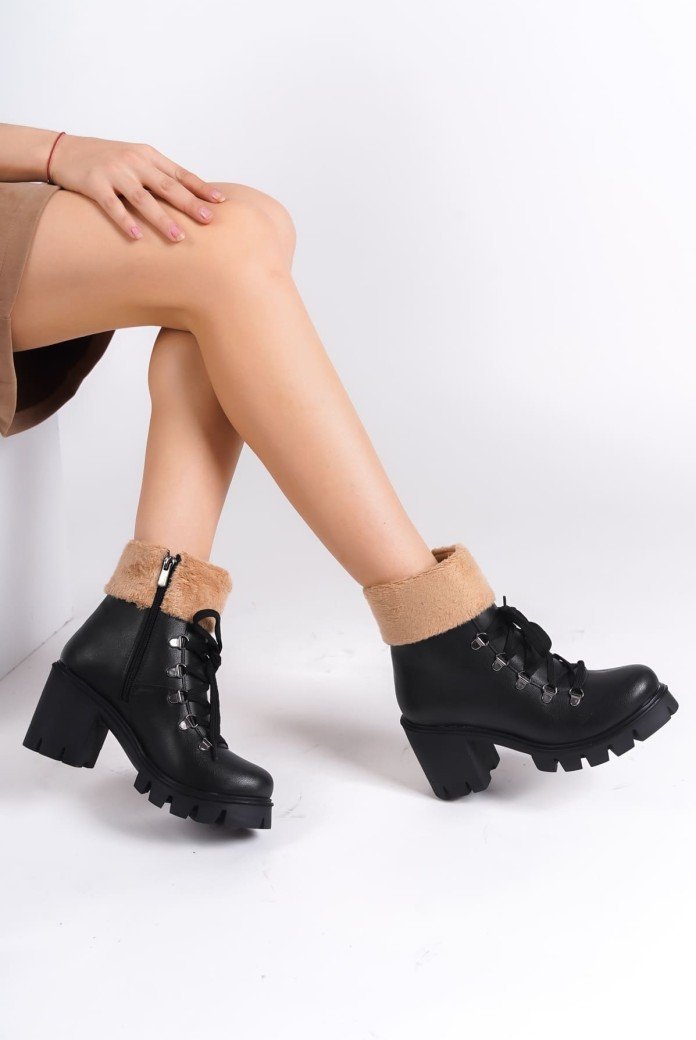 EMMA Bağcıklı Fermuarlı Ortopedik Taban Topuklu Kürk DetaylıKadın Bot  CST - Siyah