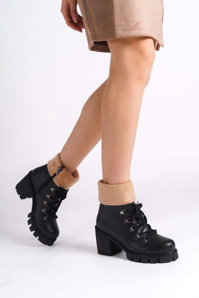 EMMA Bağcıklı Fermuarlı Ortopedik Taban Topuklu Kürk DetaylıKadın Bot  CST - Siyah