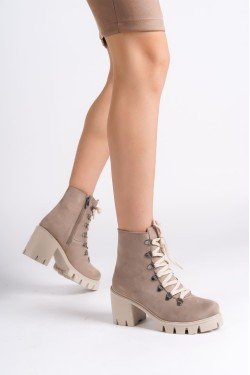 EMMA Bağcıklı Fermuarlı Ortopedik Taban Topuklu Süet Kadın Bot  STT - Ten