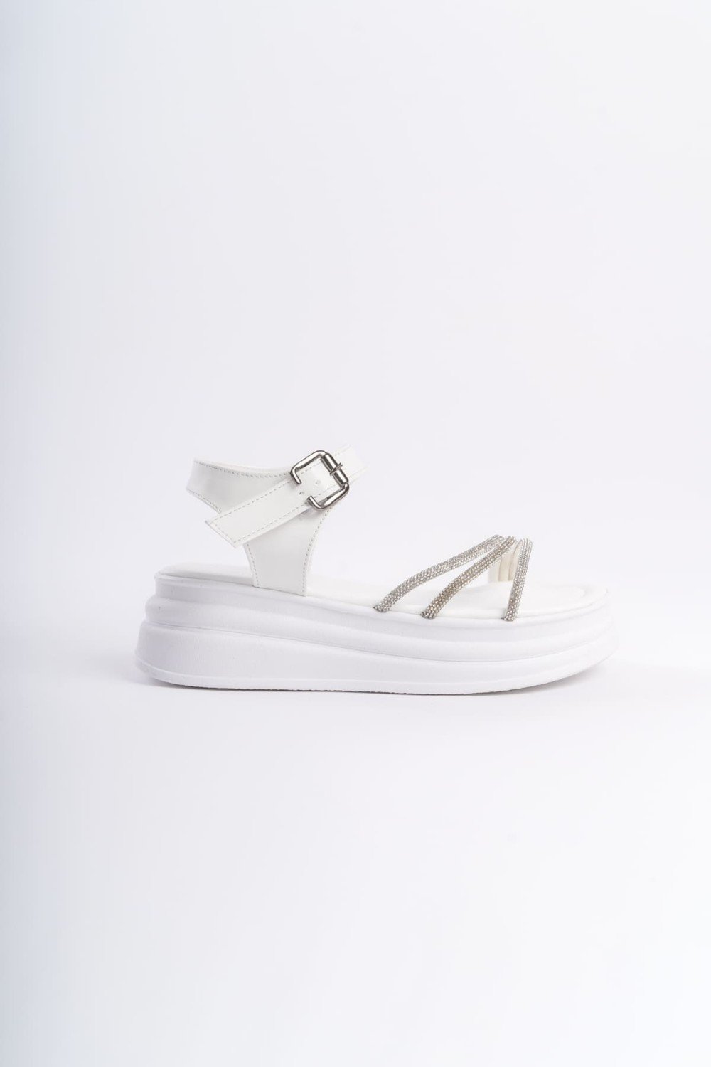 EVA Kalın Tokalı Taşlı Şeritli Ortopedik Taban Kadın Sandalet  CBT - Beyaz