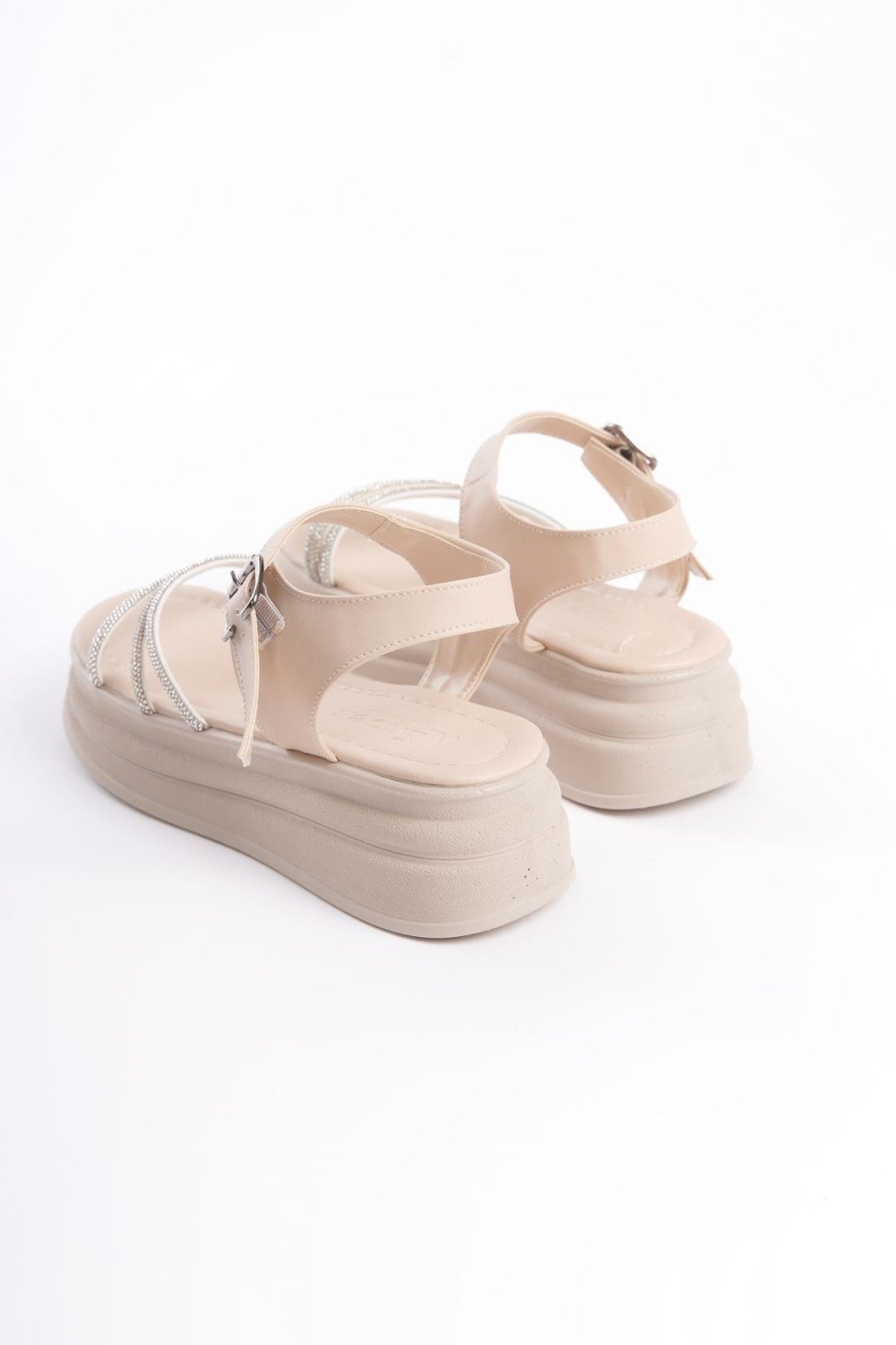 EVA Kalın Tokalı Taşlı Şeritli Ortopedik Taban Kadın Sandalet  CKT - Krem