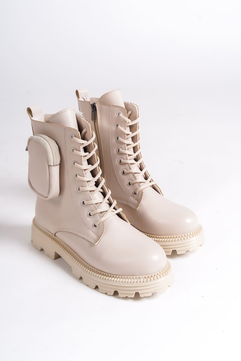 GINA Bağcıklı Fermuarlı Ortopedik Taban Çantalı Kadın Bot  CKT - Krem