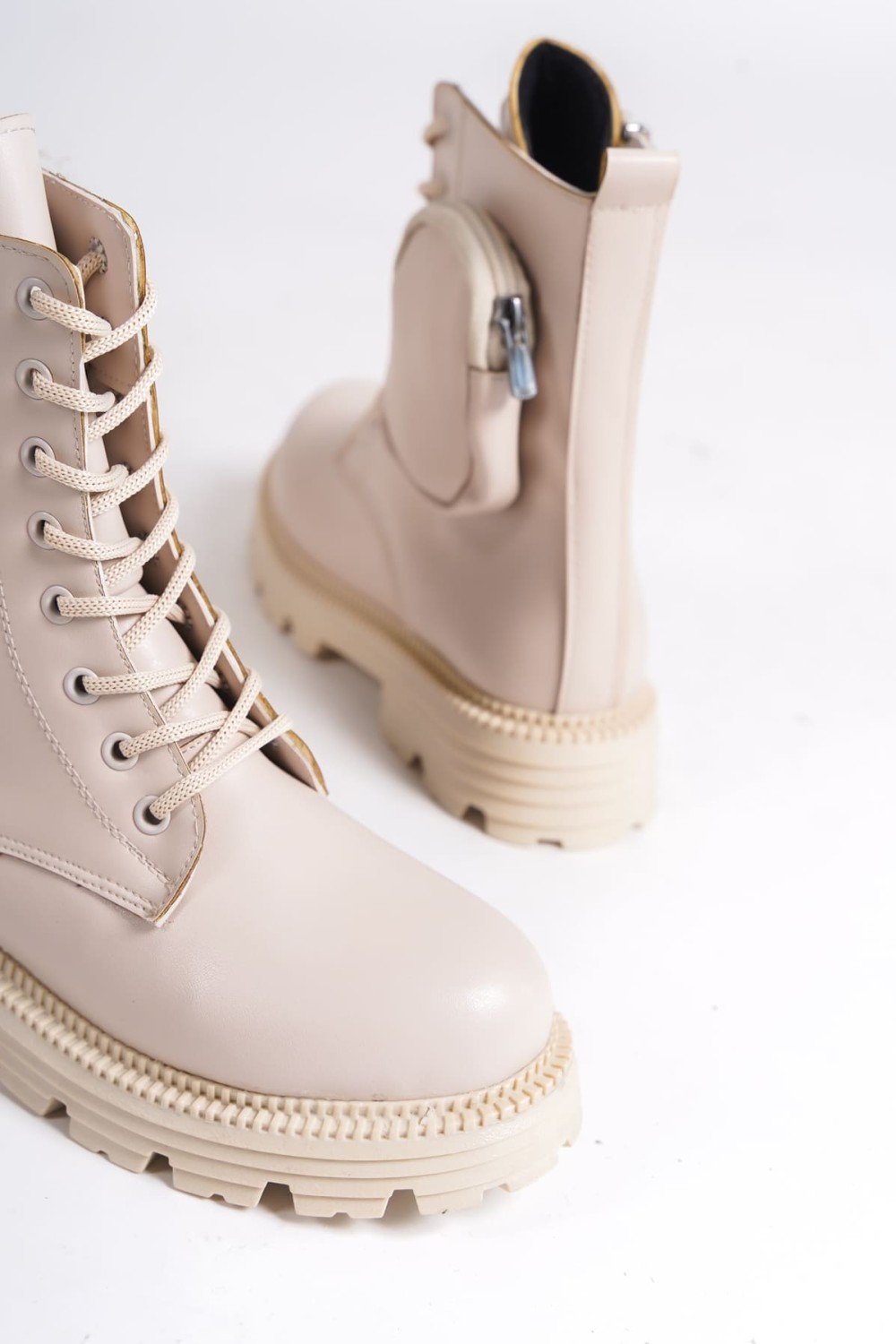 GINA Bağcıklı Fermuarlı Ortopedik Taban Çantalı Kadın Bot  CKT - Krem