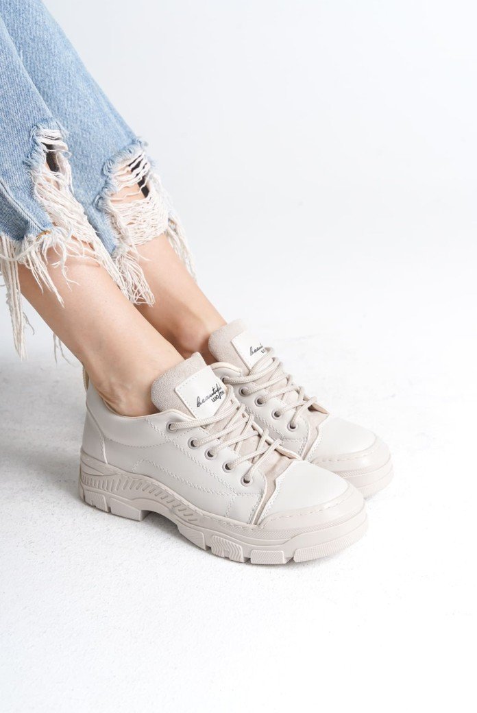 JANE Bağcıklı Ortopedik Taban Kadın Sneaker Spor Ayakkabı  CKT - Krem