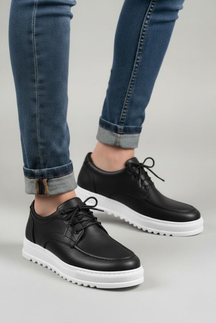 JY-T12x Arts Bağcıklı Cilt Erkek Günlük Spor Klasik Ayakkabı CBT - Siyah