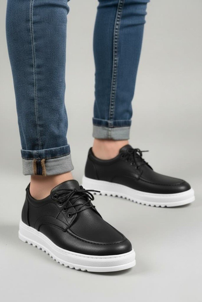 JY-T12x Arts Bağcıklı Cilt Erkek Günlük Spor Klasik Ayakkabı CBT - Siyah