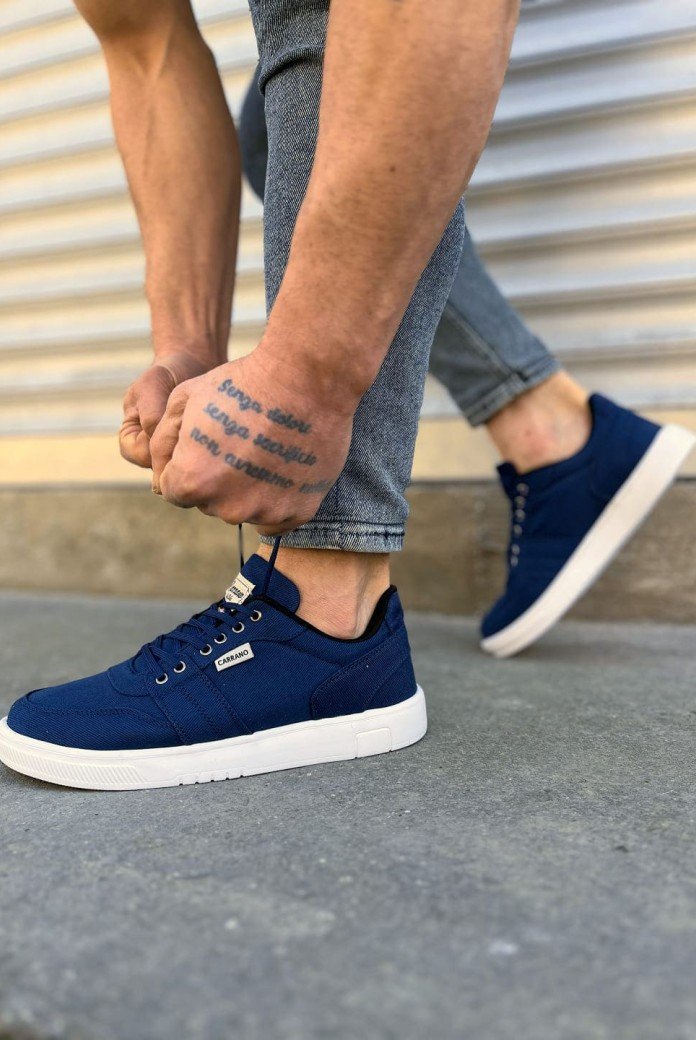 JY0118 REX Bağcıklı Keten Kumaş Erkek Günlük Sneaker Ayakkabı KBT - Lacivert