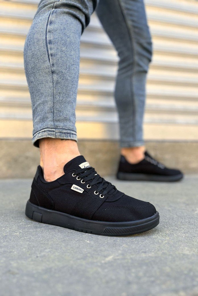 JY0118 REX Bağcıklı Keten Kumaş Erkek Günlük Sneaker Ayakkabı KST - Siyah