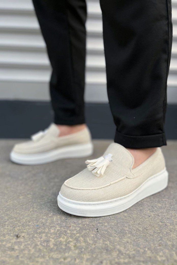 JY154 Blaze Bağcıksız Püsküllü Keten Erkek Günlük Spor Klasik Ayakkabı KBT - Beyaz