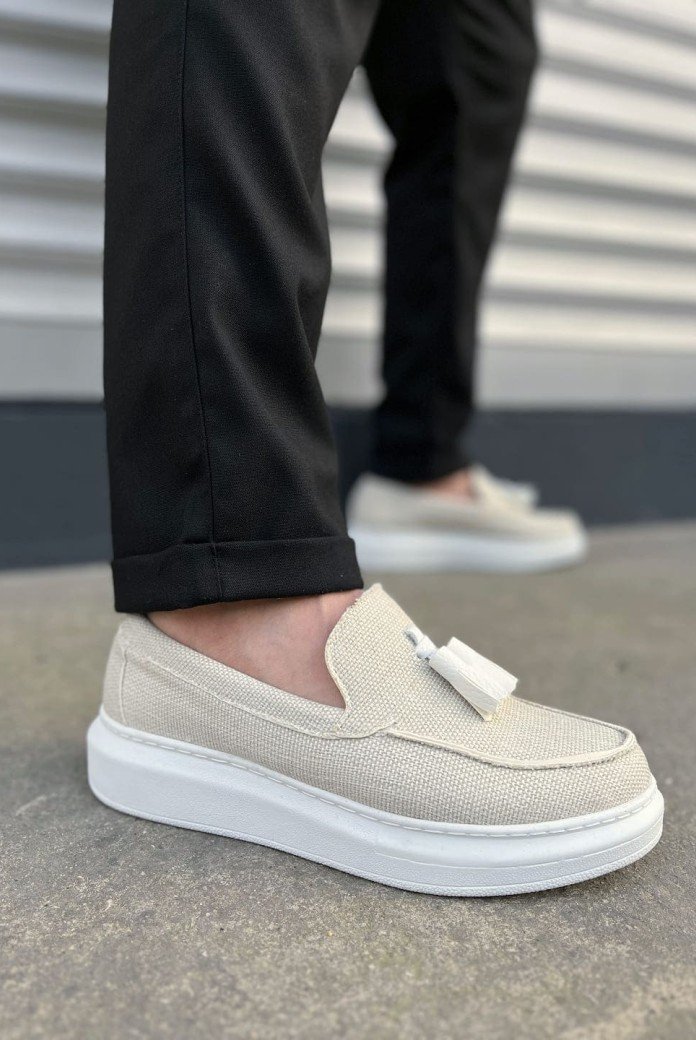 JY154 Blaze Bağcıksız Püsküllü Keten Erkek Günlük Spor Klasik Ayakkabı KBT - Beyaz