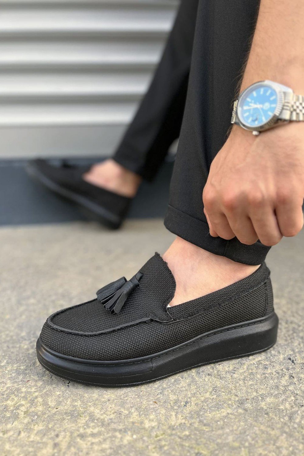 JY154 Blaze Bağcıksız Püsküllü Keten Erkek Günlük Spor Klasik Ayakkabı KST - Siyah