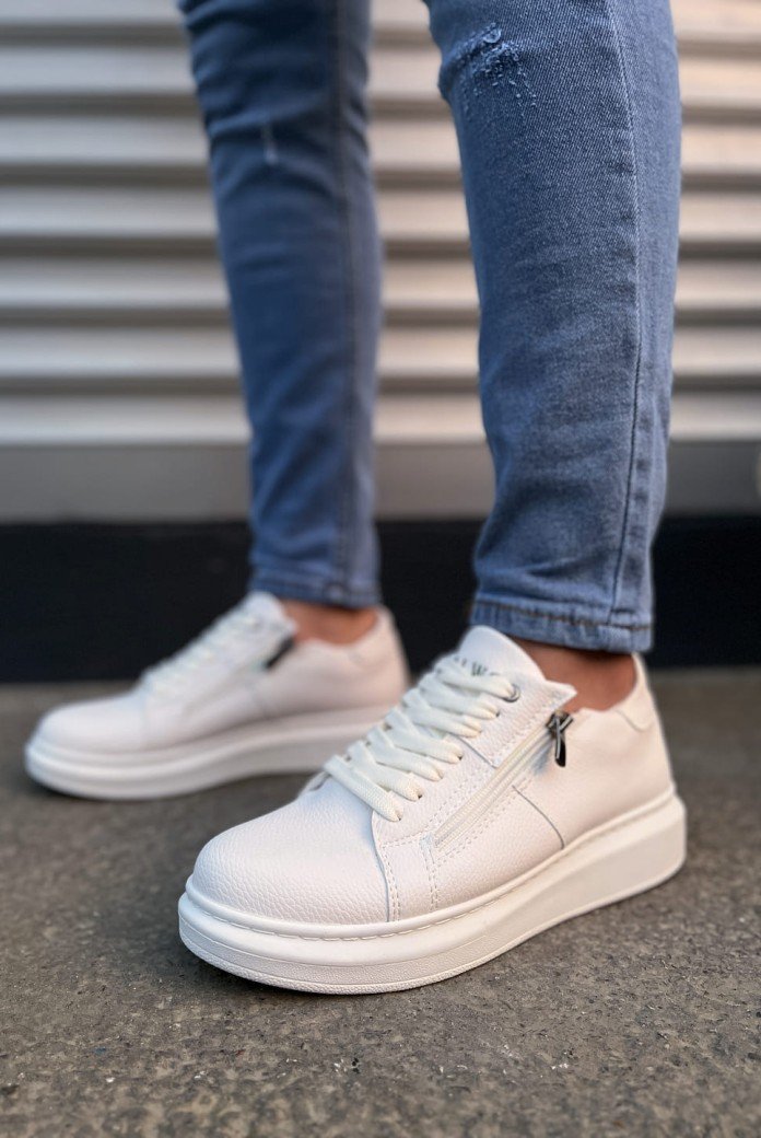 JY155 Warrior Bağcıklı ve Fermuarlı Cilt Erkek Günlük Sneaker Ayakkabı CBT - Beyaz