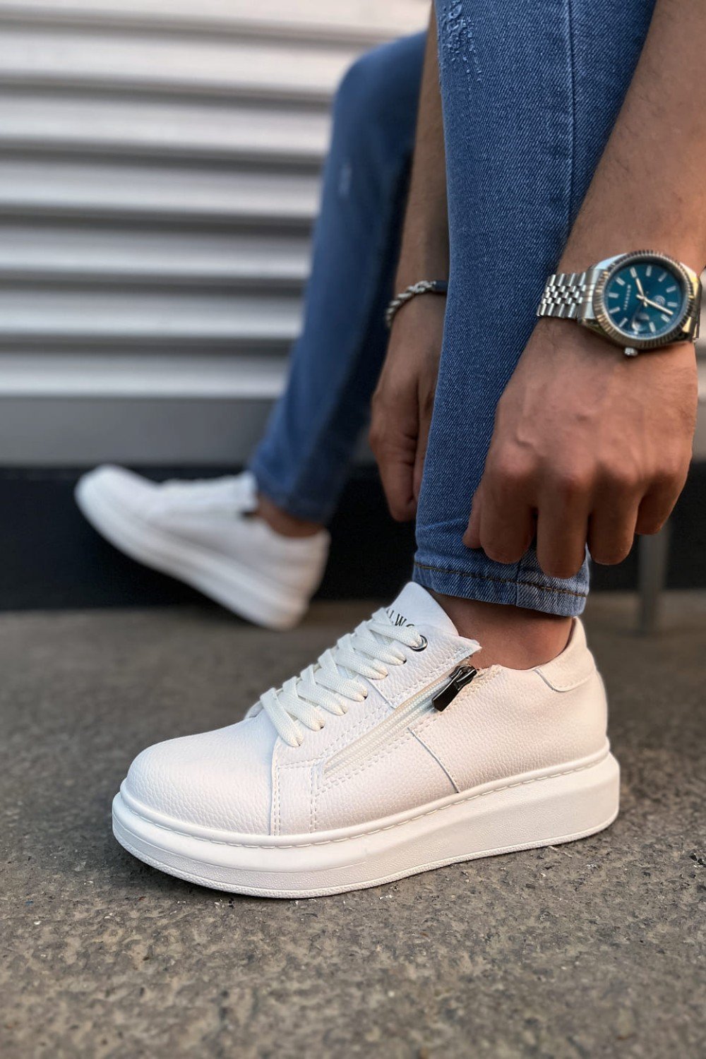 JY155 Warrior Bağcıklı ve Fermuarlı Cilt Erkek Günlük Sneaker Ayakkabı CBT - Beyaz