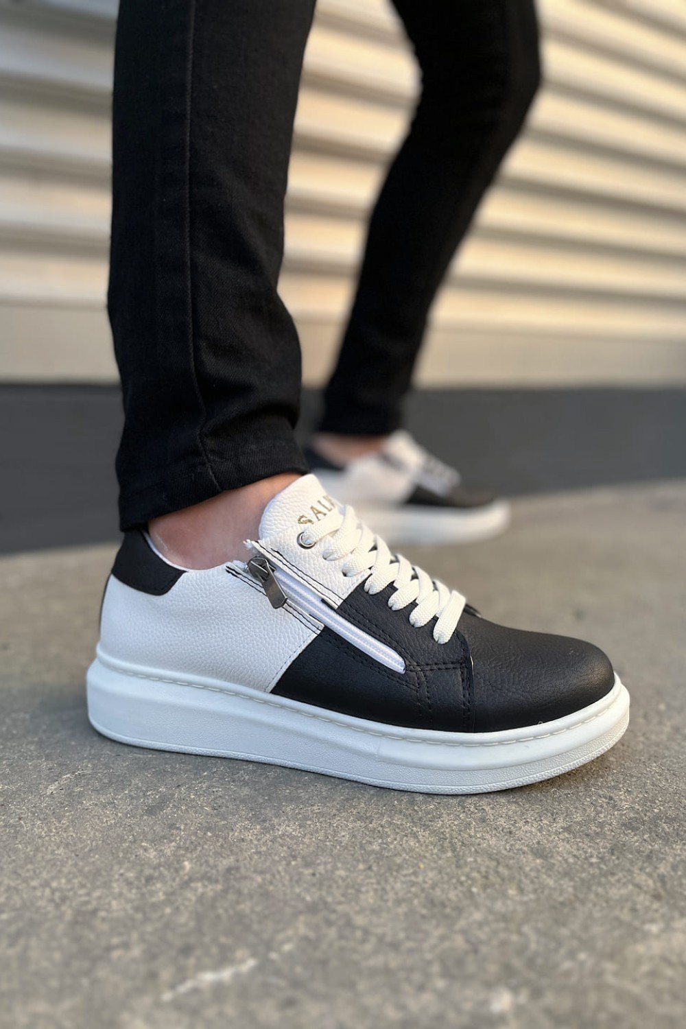 JY155 Warrior Bağcıklı ve Fermuarlı Cilt Erkek Günlük Sneaker Ayakkabı CBT - Beyaz/Siyah