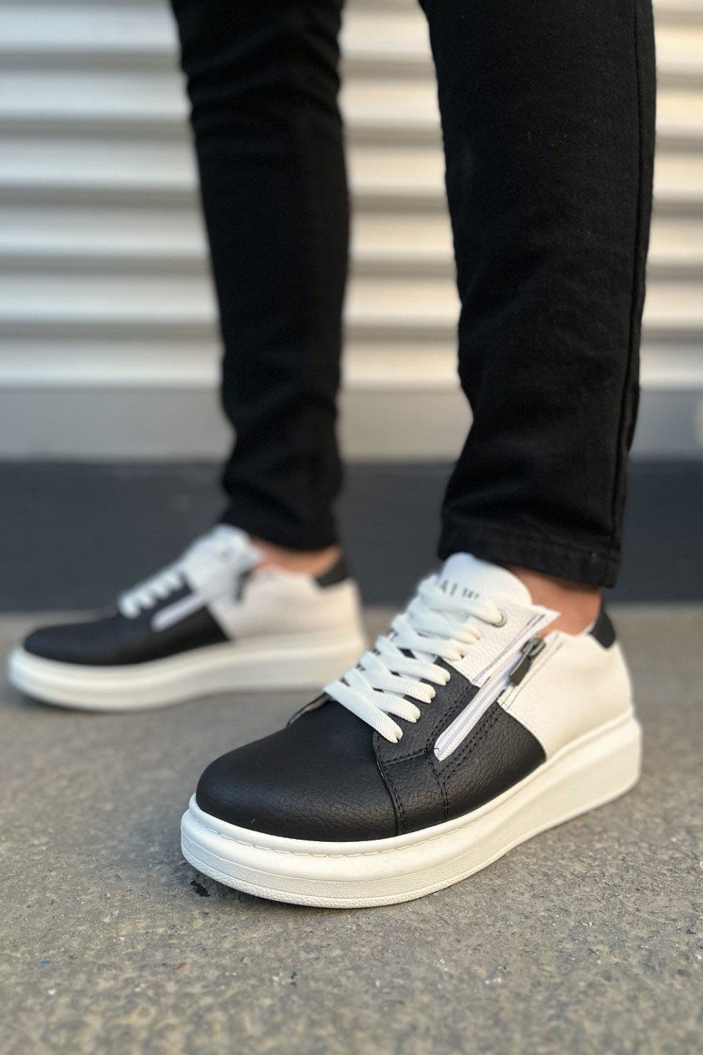 JY155 Warrior Bağcıklı ve Fermuarlı Cilt Erkek Günlük Sneaker Ayakkabı CBT - Beyaz/Siyah