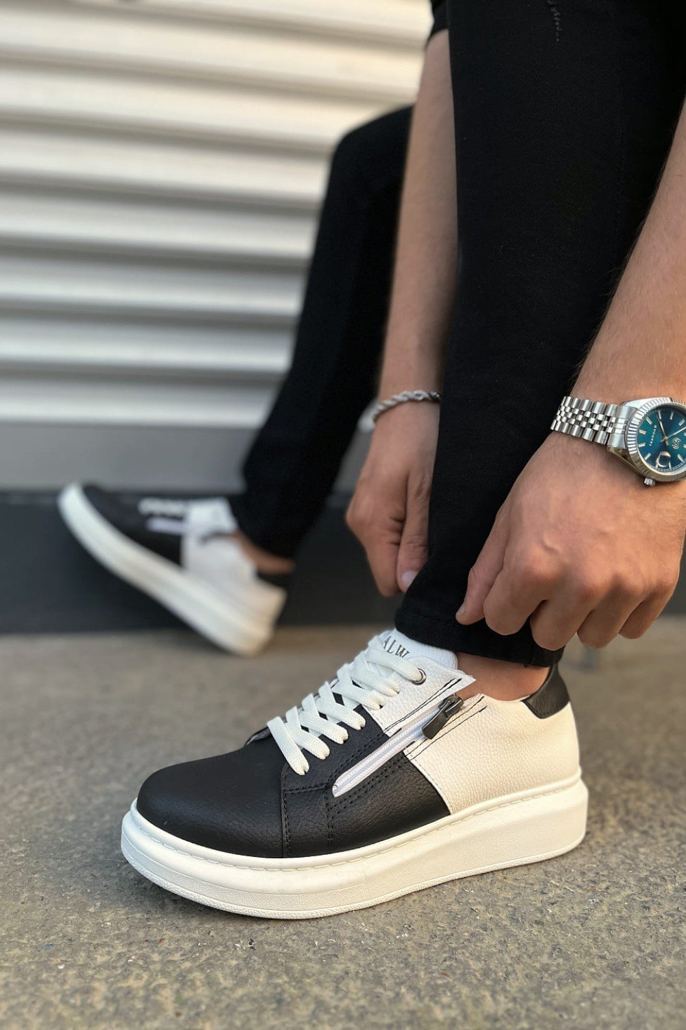 JY155 Warrior Bağcıklı ve Fermuarlı Cilt Erkek Günlük Sneaker Ayakkabı CBT - Beyaz/Siyah