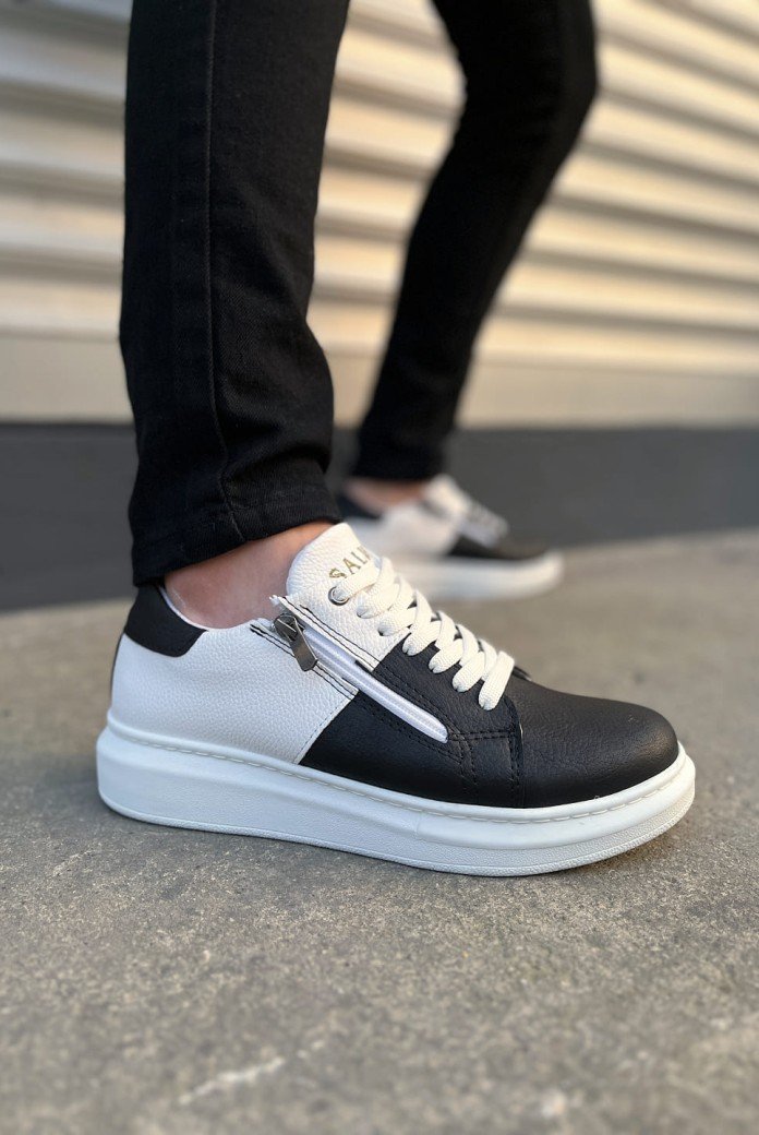 JY155 Warrior Bağcıklı ve Fermuarlı Cilt Erkek Günlük Sneaker Ayakkabı CBT - Beyaz/Siyah