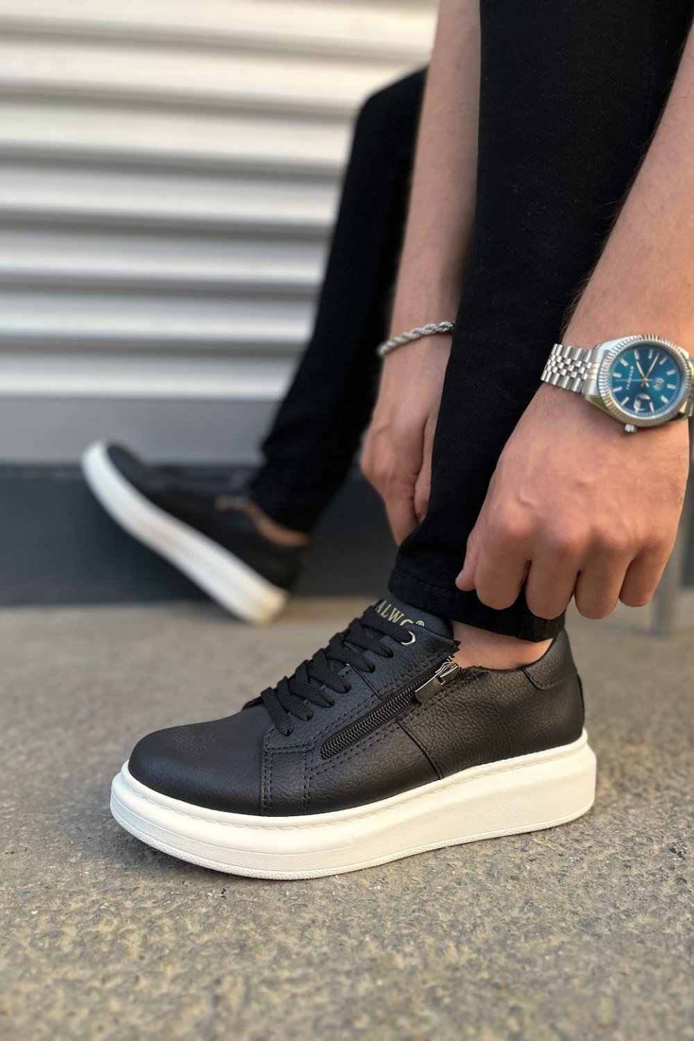 JY155 Warrior Bağcıklı ve Fermuarlı Cilt Erkek Günlük Sneaker Ayakkabı CBT - Siyah