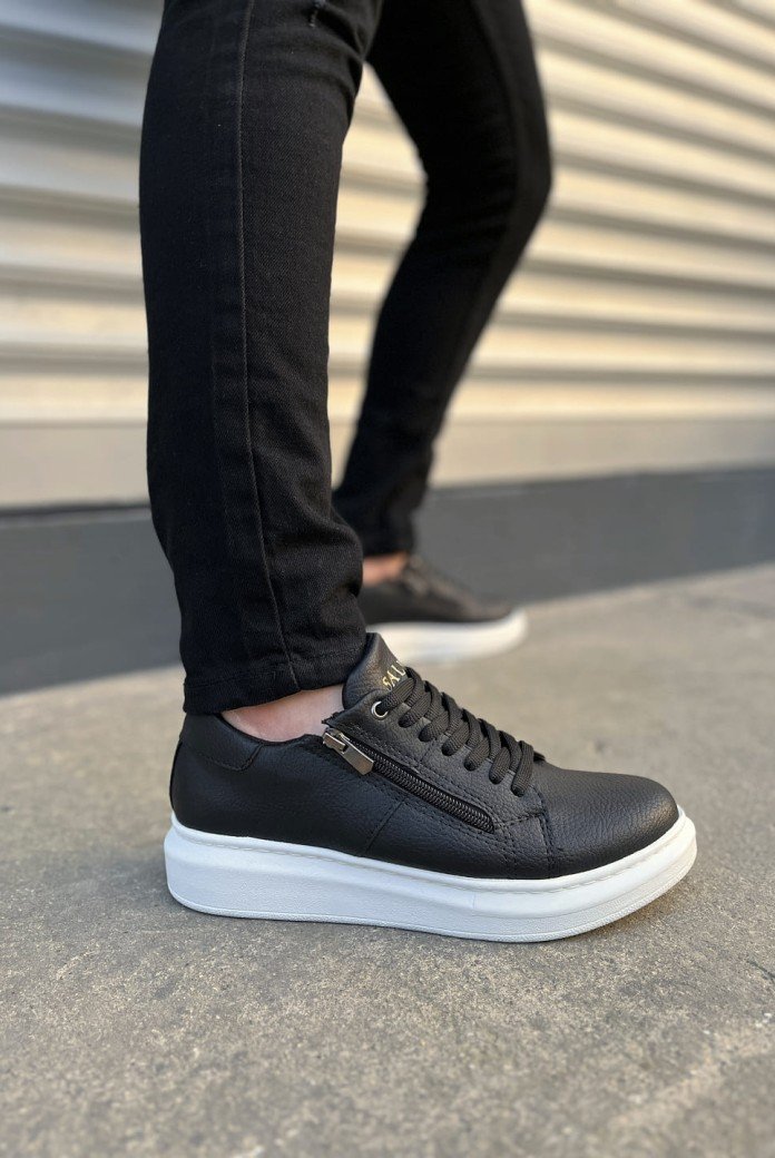 JY155 Warrior Bağcıklı ve Fermuarlı Cilt Erkek Günlük Sneaker Ayakkabı CBT - Siyah