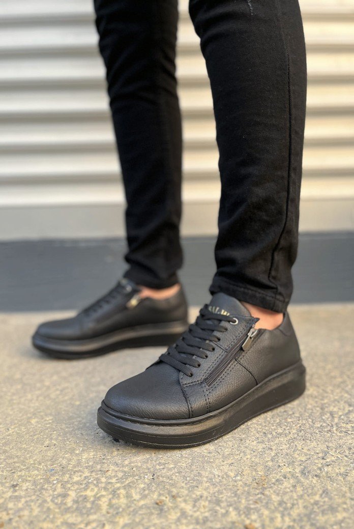 JY155 Warrior Bağcıklı ve Fermuarlı Cilt Erkek Günlük Sneaker Ayakkabı CST - Siyah
