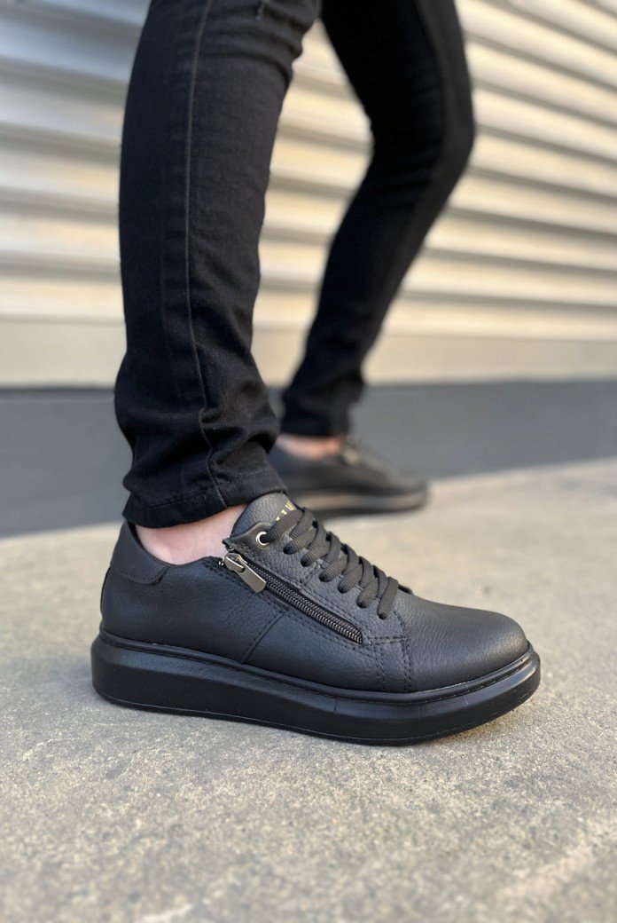 JY155 Warrior Bağcıklı ve Fermuarlı Cilt Erkek Günlük Sneaker Ayakkabı CST - Siyah