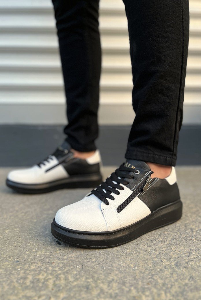JY155 Warrior Bağcıklı ve Fermuarlı Cilt Erkek Günlük Sneaker Ayakkabı CST - Siyah/Beyaz