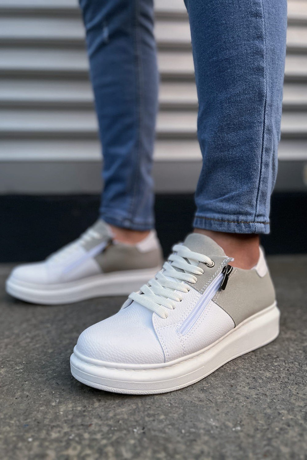 JY155 Warrior Bağcıklı ve Fermuarlı Cilt Süet Erkek Günlük Sneaker Ayakkabı CSBT - Beyaz/Gri