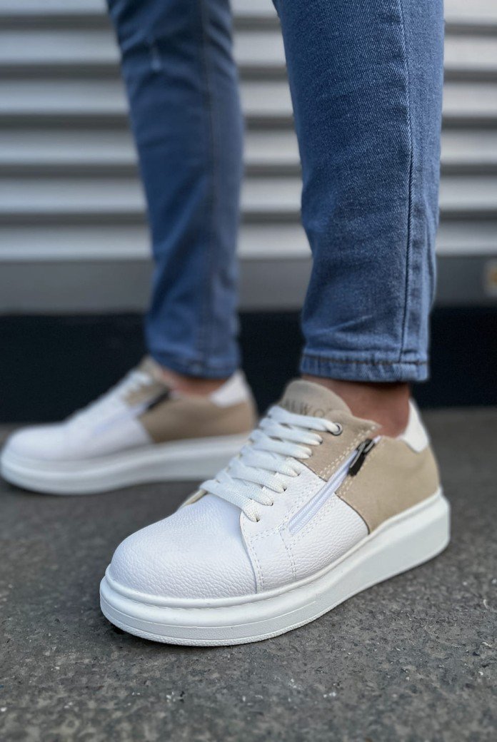 JY155 Warrior Bağcıklı ve Fermuarlı Cilt Süet Erkek Günlük Sneaker Ayakkabı CSBT - Beyaz/Krem