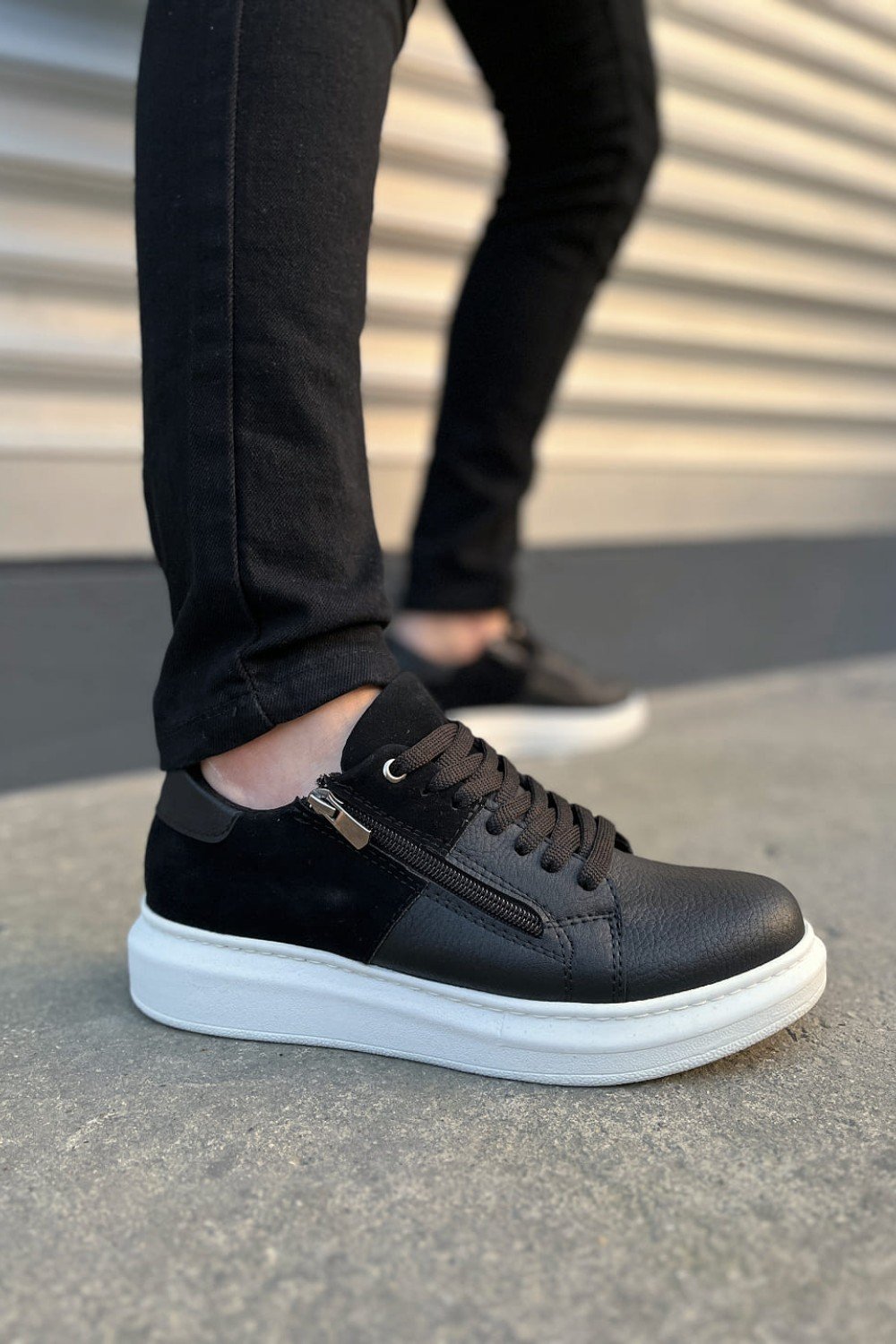 JY155 Warrior Bağcıklı ve Fermuarlı Cilt Süet Erkek Günlük Sneaker Ayakkabı CSBT - Siyah