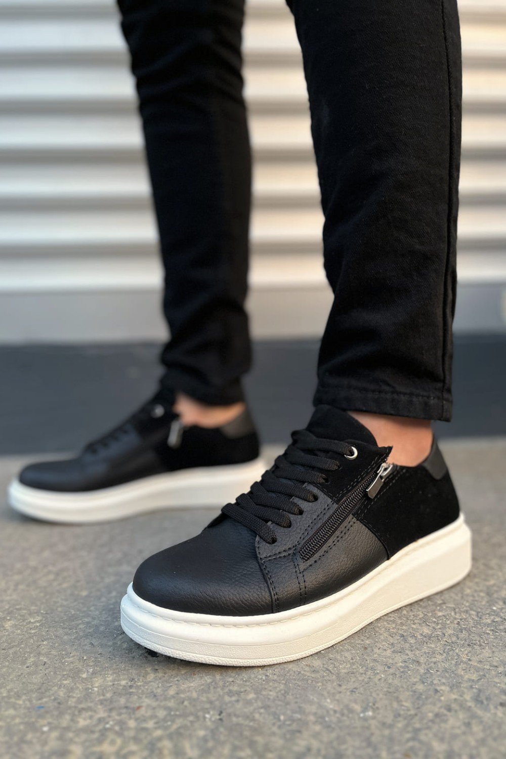 JY155 Warrior Bağcıklı ve Fermuarlı Cilt Süet Erkek Günlük Sneaker Ayakkabı CSBT - Siyah